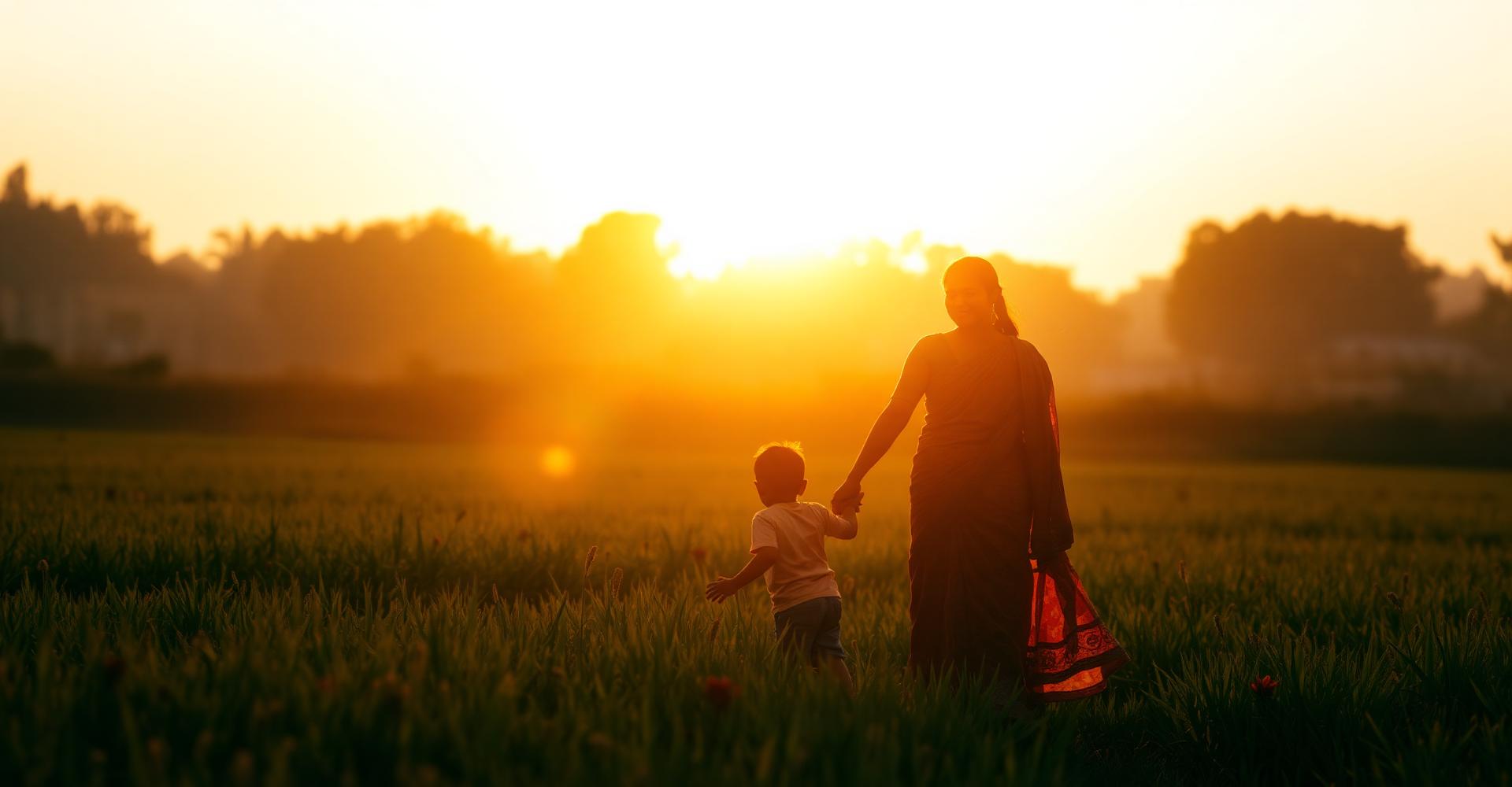 Mother and child walking through a sunlit field at golden hour